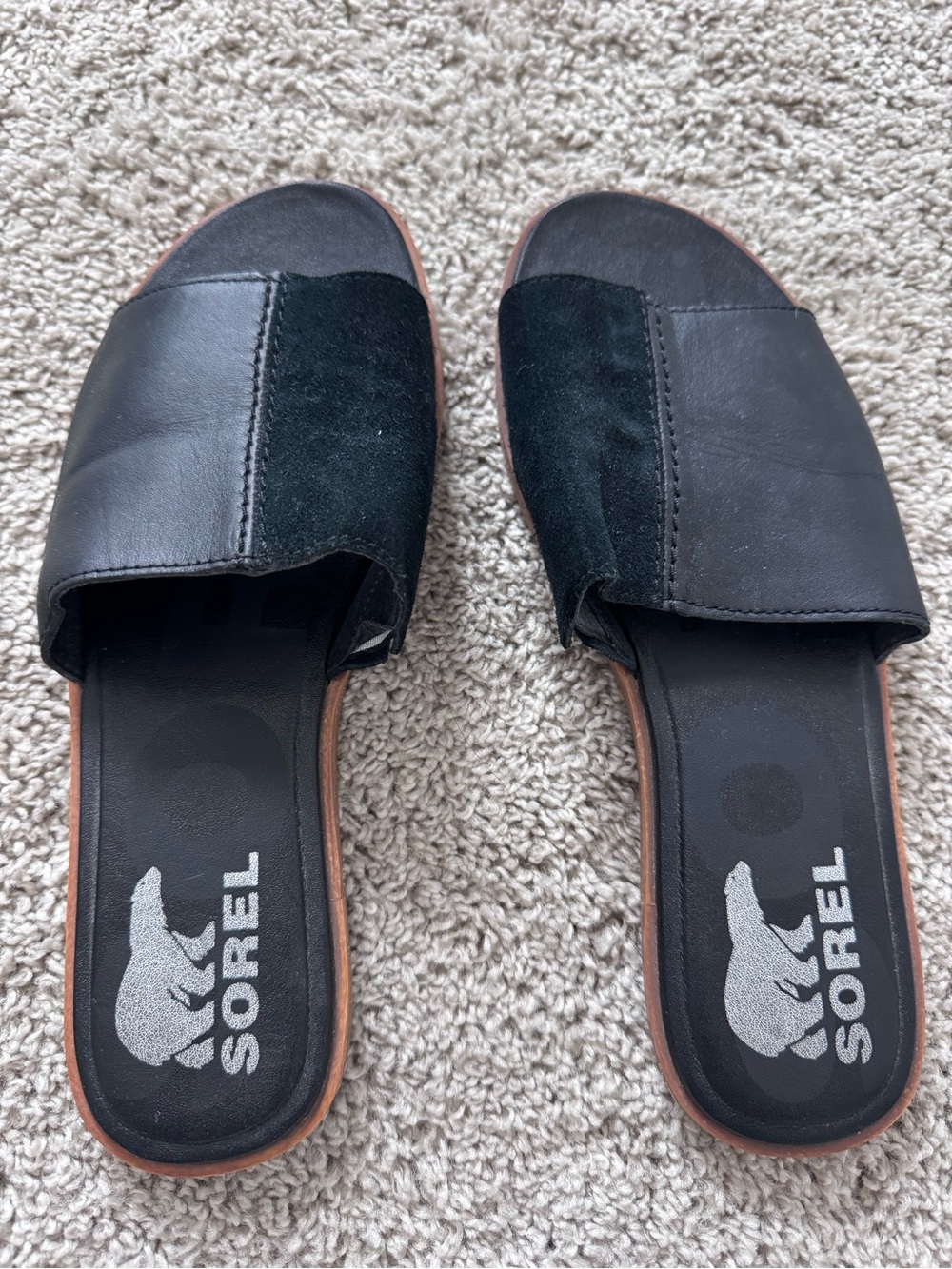 SOREL Ella II Block Slide Sandals 7 Black Leather Suede Slip-On Open Toe